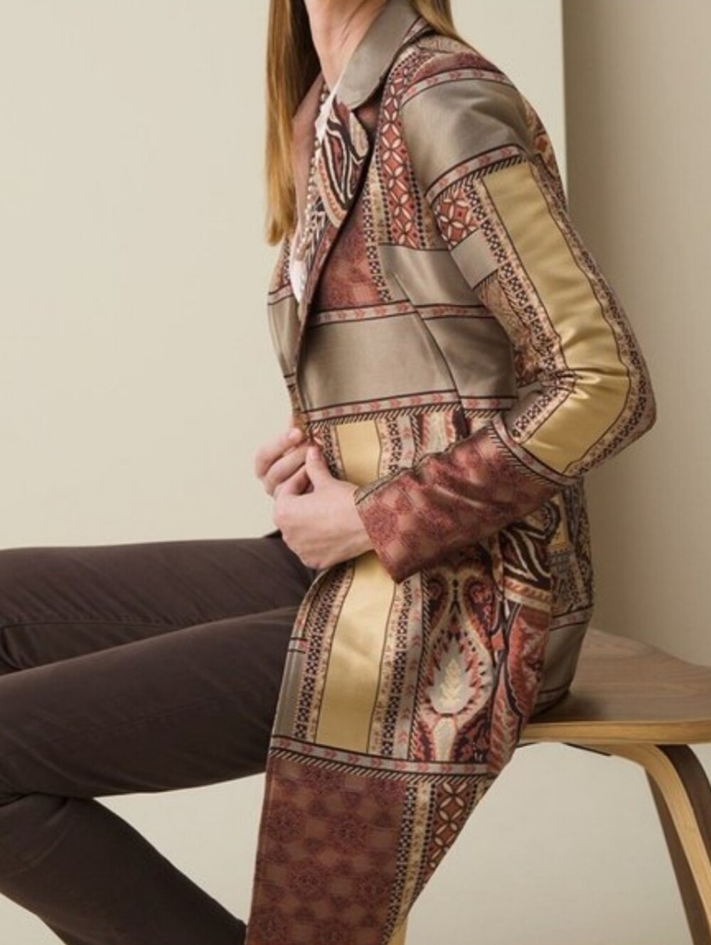 Chico's Patchwork-Print Long Trench in Beige, Tan & Rust Size 3